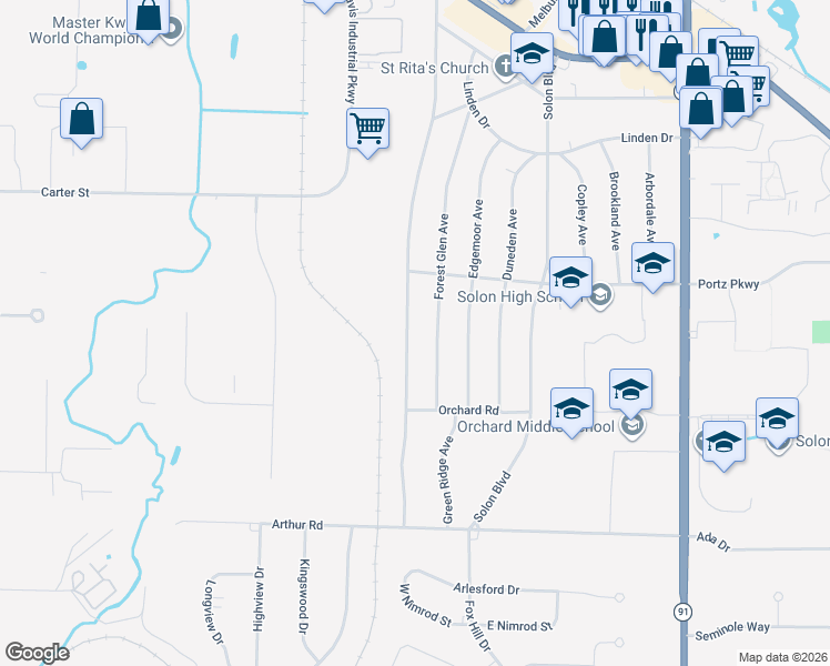 map of restaurants, bars, coffee shops, grocery stores, and more near 6695 Glenallen Avenue in Solon