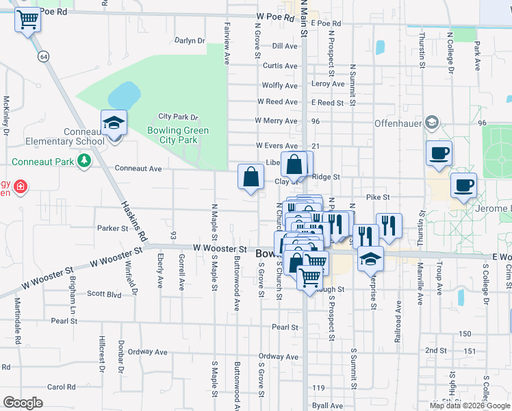 map of restaurants, bars, coffee shops, grocery stores, and more near 315 N Grove St in Bowling Green