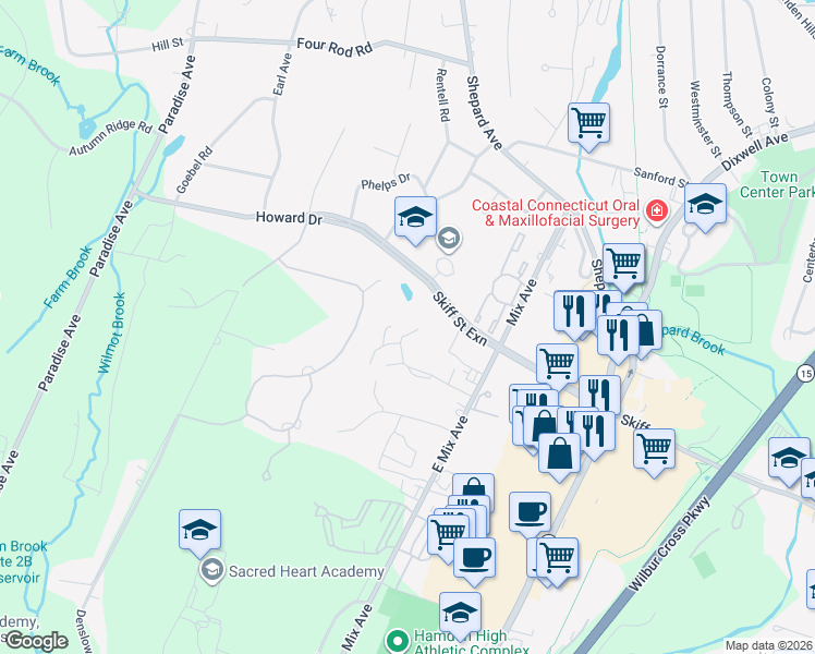 map of restaurants, bars, coffee shops, grocery stores, and more near 165 Towne House Road in Hamden