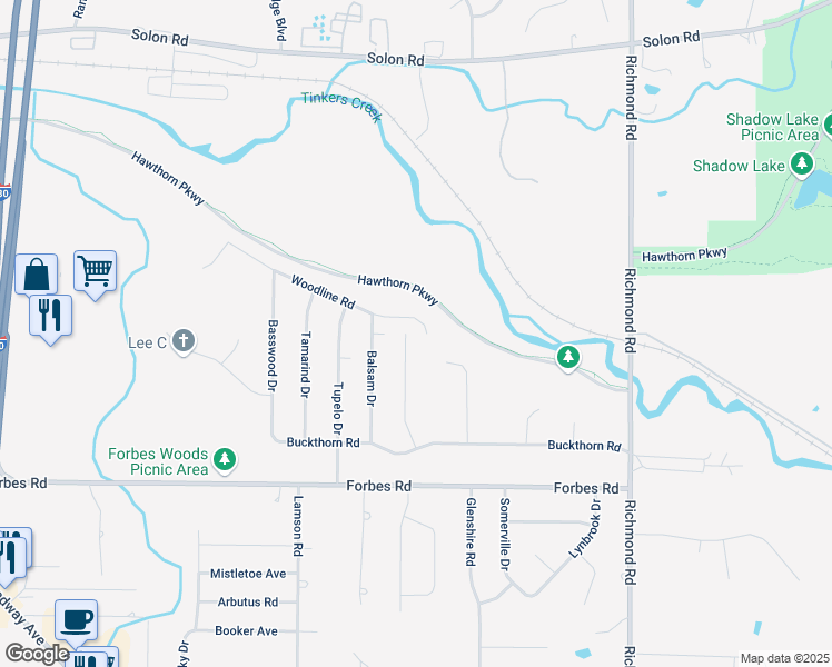 map of restaurants, bars, coffee shops, grocery stores, and more near 6645 Deer Court in Bedford Heights