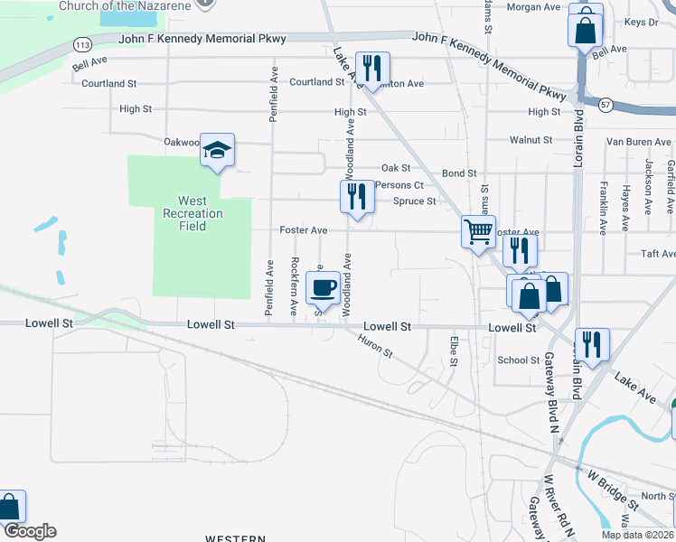 map of restaurants, bars, coffee shops, grocery stores, and more near 376 Woodland Avenue in Elyria