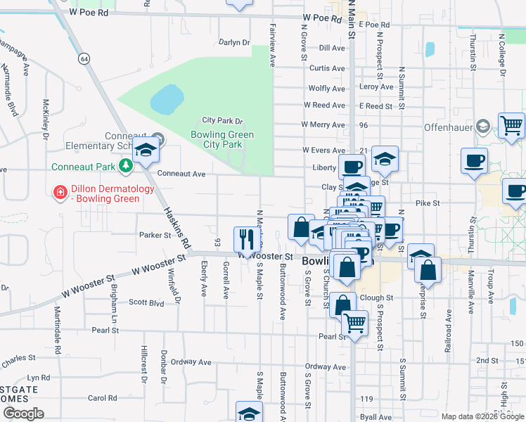 map of restaurants, bars, coffee shops, grocery stores, and more near Morton Avenue in Bowling Green
