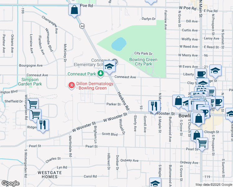 map of restaurants, bars, coffee shops, grocery stores, and more near 313 Haskins Road in Bowling Green