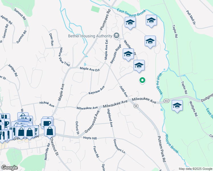map of restaurants, bars, coffee shops, grocery stores, and more near 32 Kayview Avenue in Bethel