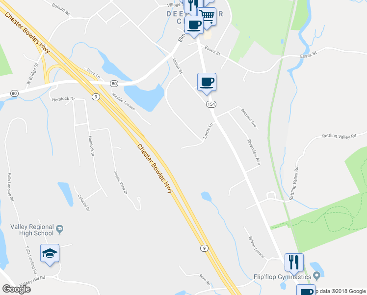 map of restaurants, bars, coffee shops, grocery stores, and more near 70 Anderson Lane in Deep River