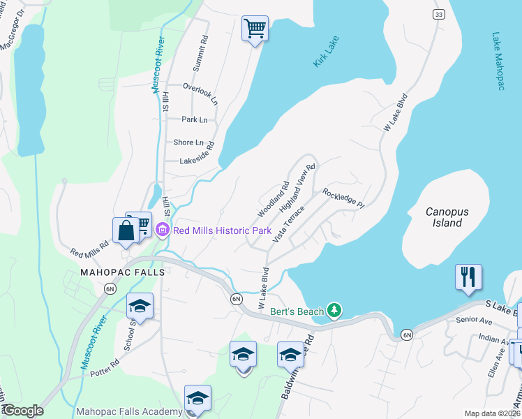 map of restaurants, bars, coffee shops, grocery stores, and more near 45 Woodland Road in Mahopac