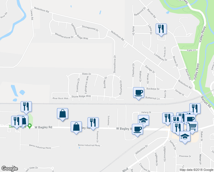 map of restaurants, bars, coffee shops, grocery stores, and more near 112 Boulder Drive in Berea