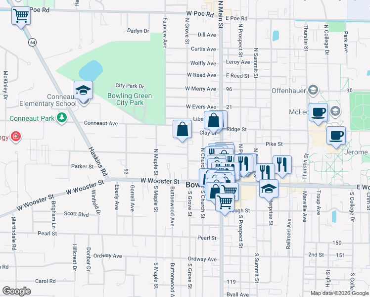 map of restaurants, bars, coffee shops, grocery stores, and more near 315 N Grove St in Bowling Green