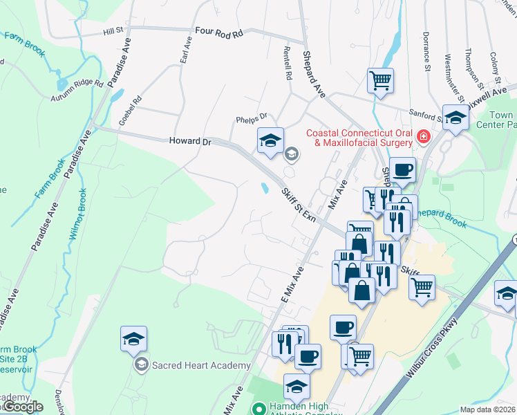 map of restaurants, bars, coffee shops, grocery stores, and more near 165 Towne House Road in Hamden