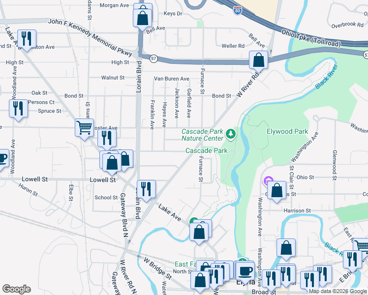 map of restaurants, bars, coffee shops, grocery stores, and more near 115 Bath Street in Elyria