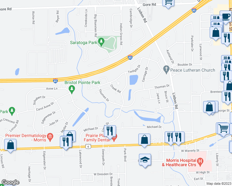 map of restaurants, bars, coffee shops, grocery stores, and more near 1825 Village Court in Morris