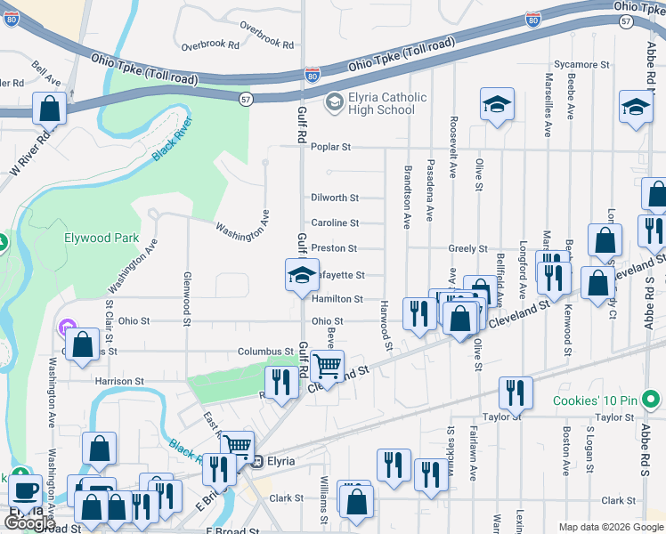 map of restaurants, bars, coffee shops, grocery stores, and more near 115 Preston Street in Elyria