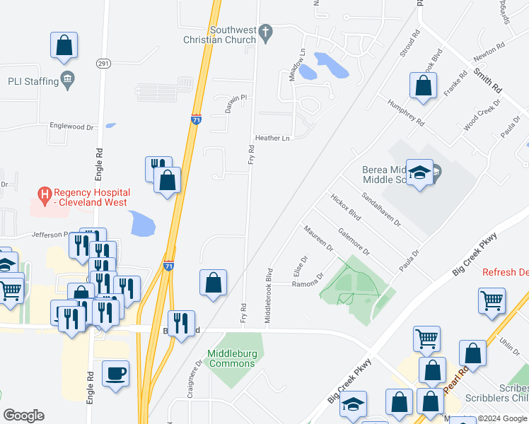 map of restaurants, bars, coffee shops, grocery stores, and more near 6995 Fry Road in Middleburg Heights