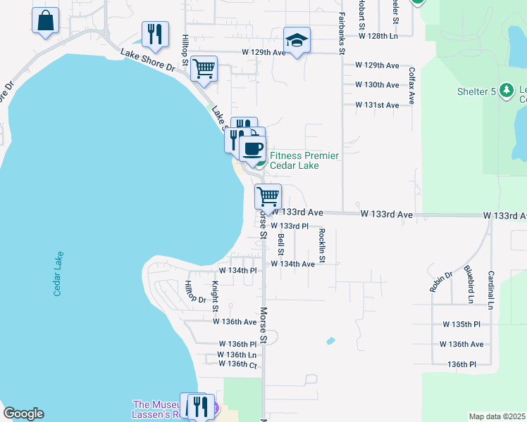 map of restaurants, bars, coffee shops, grocery stores, and more near 13298 Morse St in Cedar Lake