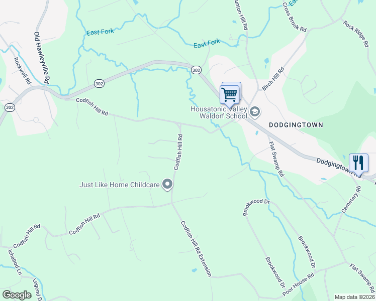 map of restaurants, bars, coffee shops, grocery stores, and more near 109 Codfish Hill Road in Bethel