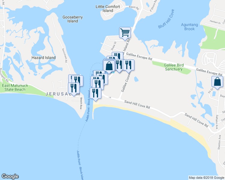 map of restaurants, bars, coffee shops, grocery stores, and more near 271 Great Island Road in Narragansett