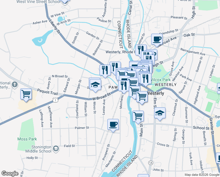map of restaurants, bars, coffee shops, grocery stores, and more near 7 Lincoln Avenue in Stonington