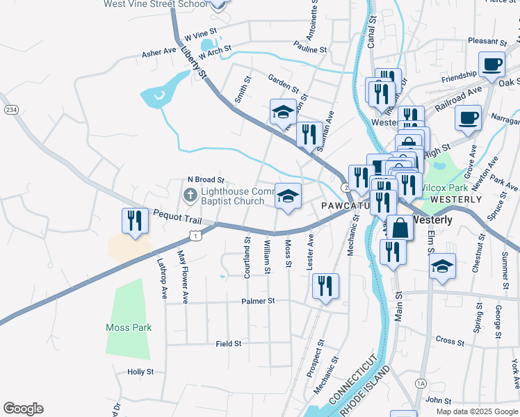 map of restaurants, bars, coffee shops, grocery stores, and more near 37 Stanton Street in Stonington
