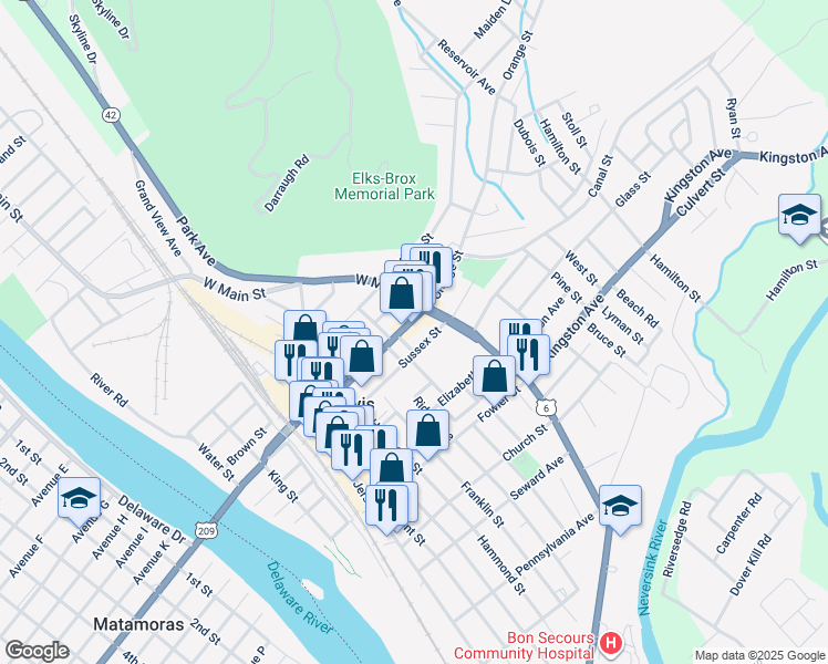 map of restaurants, bars, coffee shops, grocery stores, and more near 188 Pike Street in Port Jervis