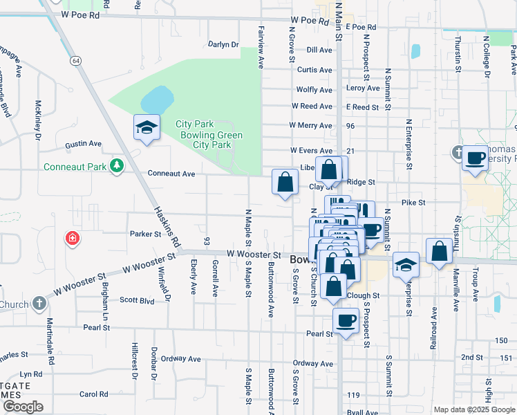 map of restaurants, bars, coffee shops, grocery stores, and more near 324 North Maple Street in Bowling Green