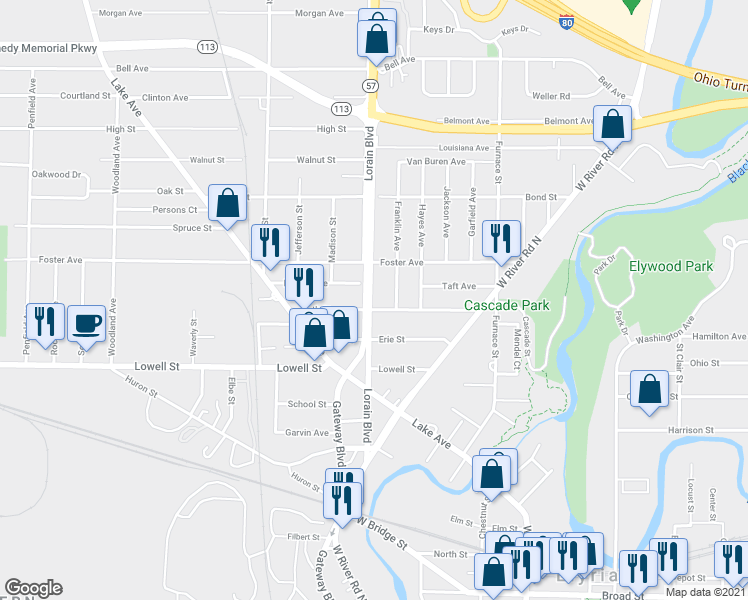 map of restaurants, bars, coffee shops, grocery stores, and more near 193 Bath Street in Elyria