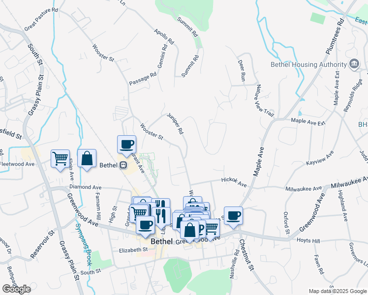 map of restaurants, bars, coffee shops, grocery stores, and more near 53 Wooster Street in Bethel