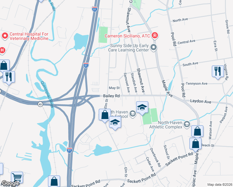 map of restaurants, bars, coffee shops, grocery stores, and more near 10 May Street in North Haven