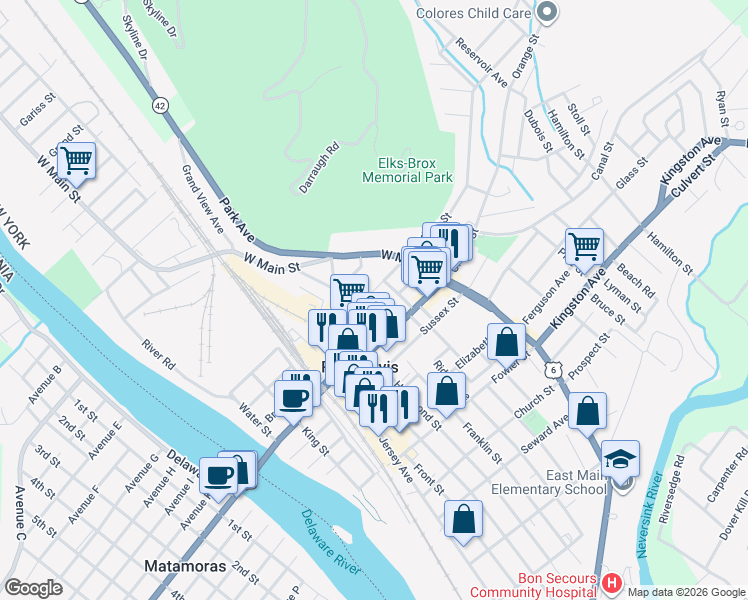map of restaurants, bars, coffee shops, grocery stores, and more near 31 Delaware Street in Port Jervis
