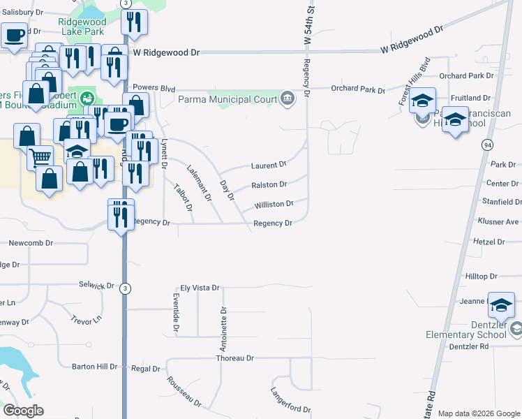 map of restaurants, bars, coffee shops, grocery stores, and more near 5801 Williston Drive in Parma