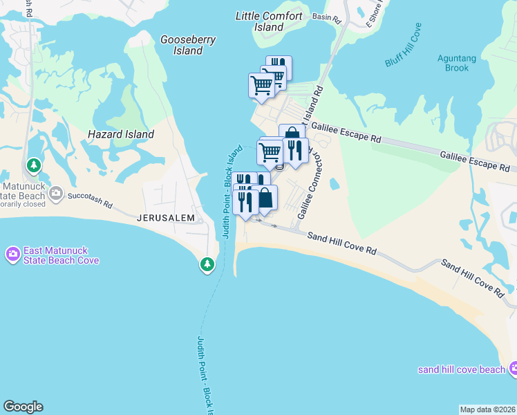 map of restaurants, bars, coffee shops, grocery stores, and more near 265 Great Island Road in Narragansett
