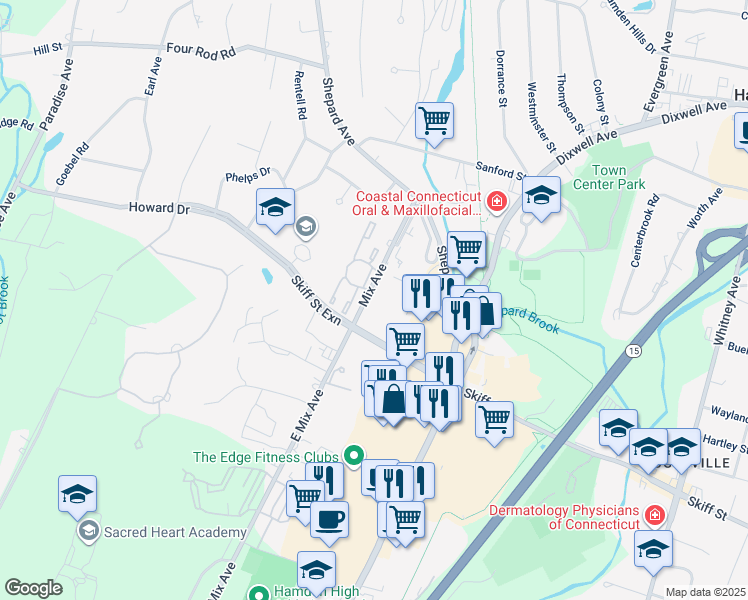 map of restaurants, bars, coffee shops, grocery stores, and more near 925 Mix Avenue in Hamden