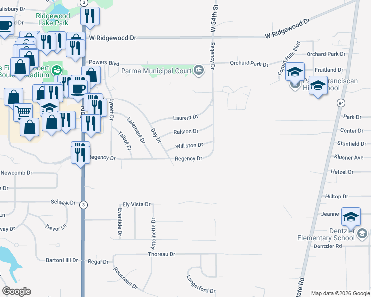 map of restaurants, bars, coffee shops, grocery stores, and more near 5801 Williston Drive in Parma
