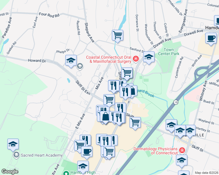 map of restaurants, bars, coffee shops, grocery stores, and more near 2 Skiff Street in Hamden