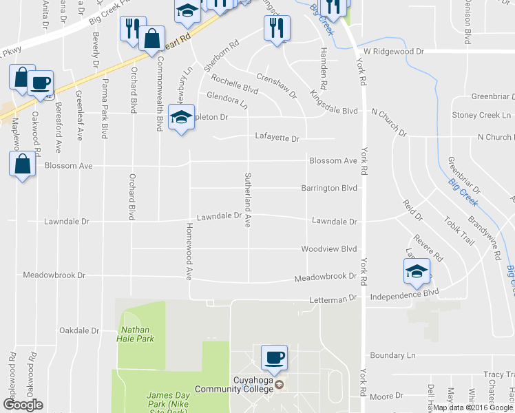 map of restaurants, bars, coffee shops, grocery stores, and more near 11318 Lawndale Drive in Parma Heights