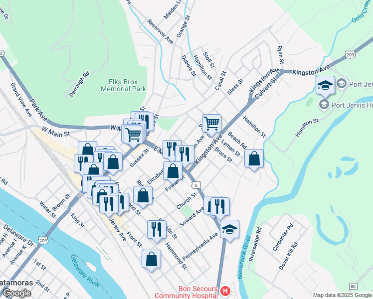 map of restaurants, bars, coffee shops, grocery stores, and more near 14 Ferguson Avenue in Port Jervis