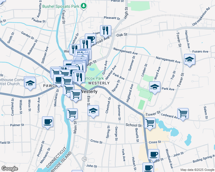 map of restaurants, bars, coffee shops, grocery stores, and more near 3 Courtyard Circle in Westerly