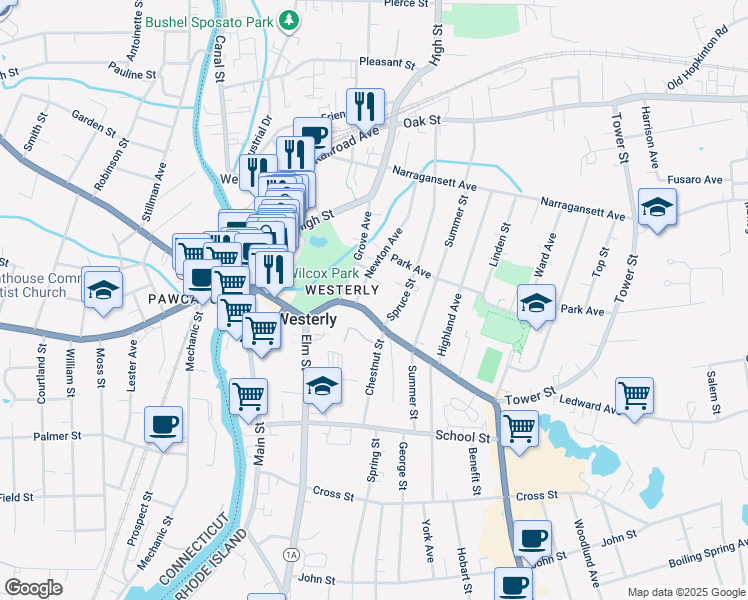 map of restaurants, bars, coffee shops, grocery stores, and more near 3 Courtyard Circle in Westerly