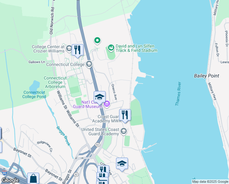 map of restaurants, bars, coffee shops, grocery stores, and more near 99 Oneco Avenue in New London