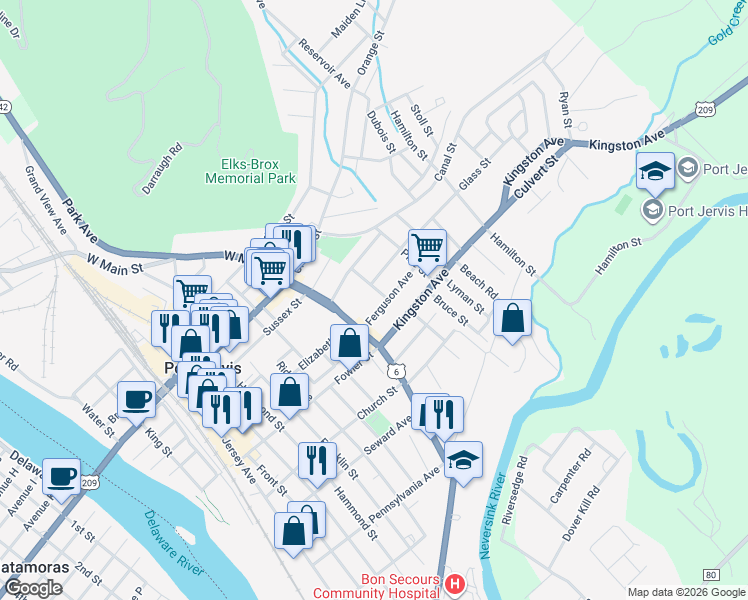 map of restaurants, bars, coffee shops, grocery stores, and more near 16 Ferguson Avenue in Port Jervis