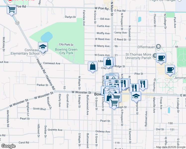 map of restaurants, bars, coffee shops, grocery stores, and more near 315 North Grove Street in Bowling Green