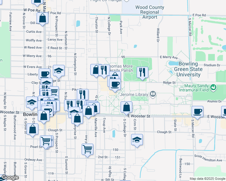 map of restaurants, bars, coffee shops, grocery stores, and more near 1001 East Wooster Street in Bowling Green