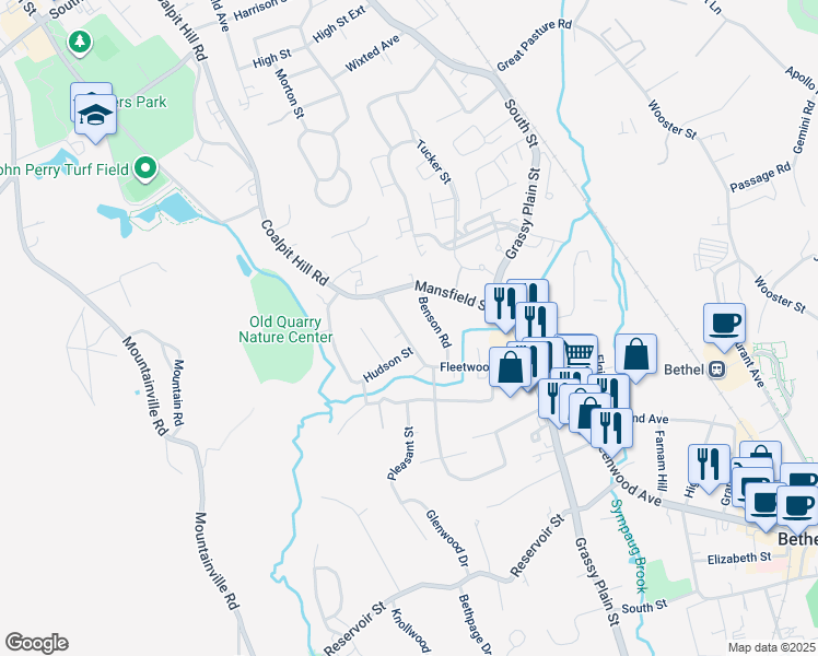 map of restaurants, bars, coffee shops, grocery stores, and more near 36A Fleetwood Avenue in Bethel