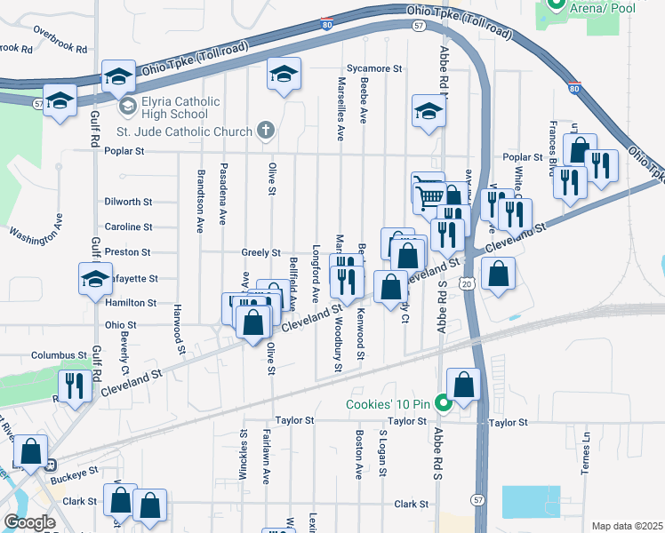 map of restaurants, bars, coffee shops, grocery stores, and more near 140 Marseilles Avenue in Elyria