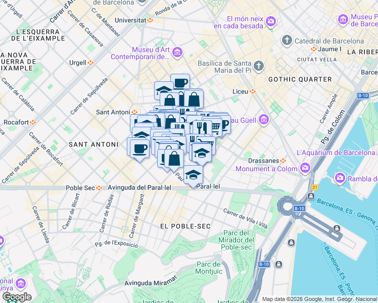 map of restaurants, bars, coffee shops, grocery stores, and more near 43 Carrer de les Carretes in Barcelona