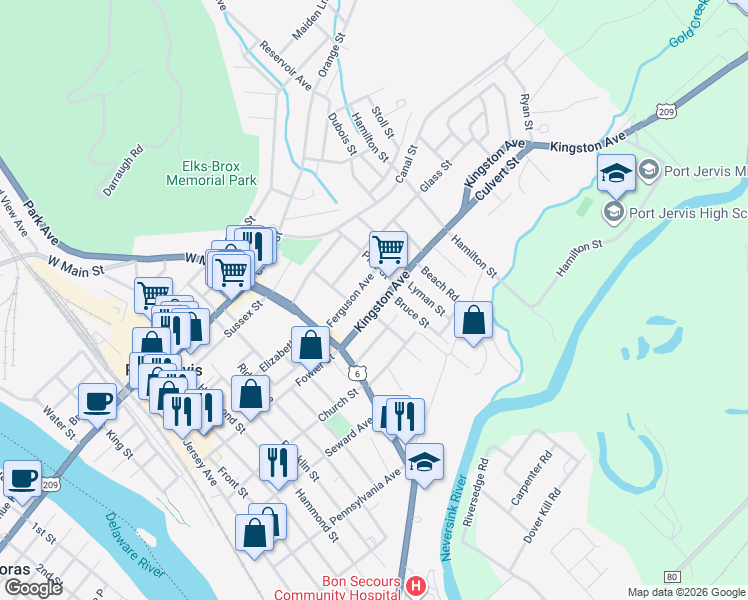map of restaurants, bars, coffee shops, grocery stores, and more near 26 Kingston Avenue in Port Jervis