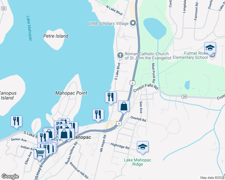 map of restaurants, bars, coffee shops, grocery stores, and more near 182 East Lake Boulevard in Mahopac