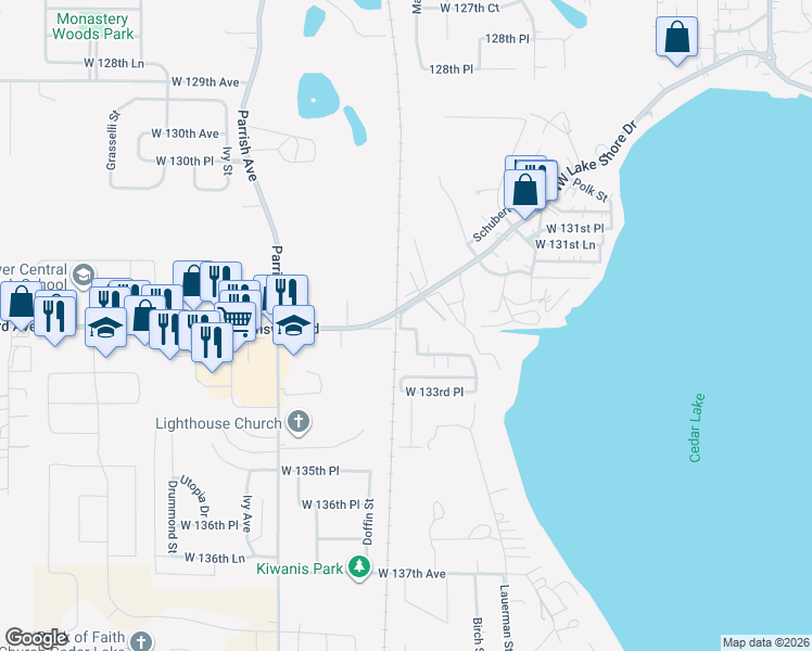 map of restaurants, bars, coffee shops, grocery stores, and more near 13305 West 133rd Drive in Cedar Lake
