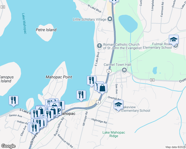 map of restaurants, bars, coffee shops, grocery stores, and more near 182 East Lake Boulevard in Mahopac