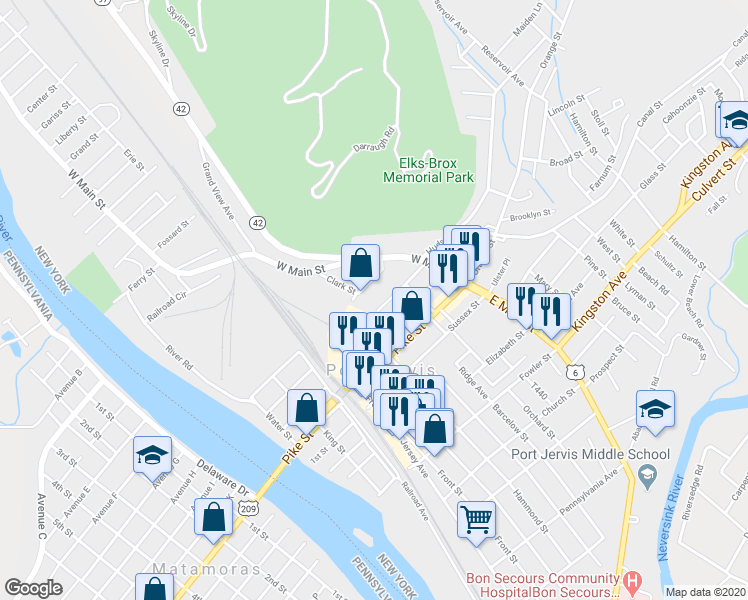 map of restaurants, bars, coffee shops, grocery stores, and more near 33 Delaware Street in Port Jervis