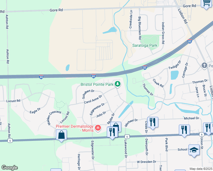 map of restaurants, bars, coffee shops, grocery stores, and more near 1846 Anne Lane in Morris